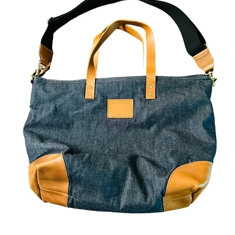 TRUE RELIGION UNISEX DENIM AND LEATHER TRAVEL BAG
